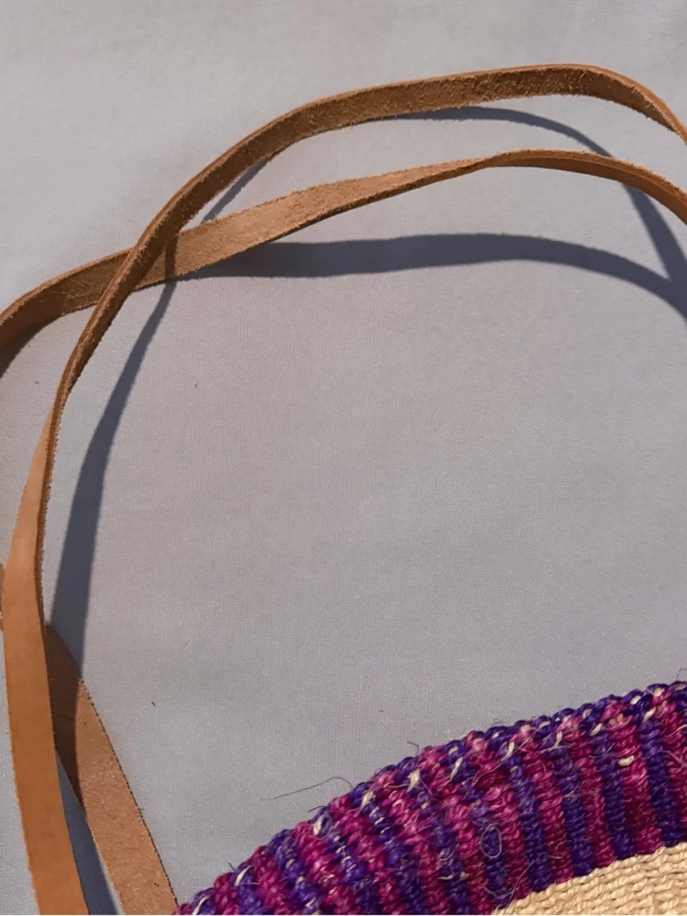 Woven Straw Tote Bag in Purple & Cream with Leather Straps Made in Kenya - Picture 5 of 9